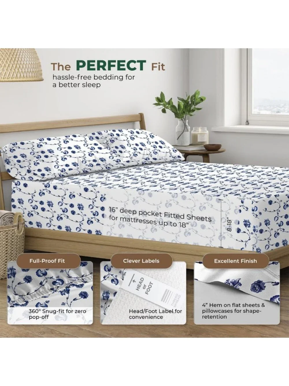 Organic Cotton California King Sheets Set - Soft, Cooling Percale, 4PC Floral